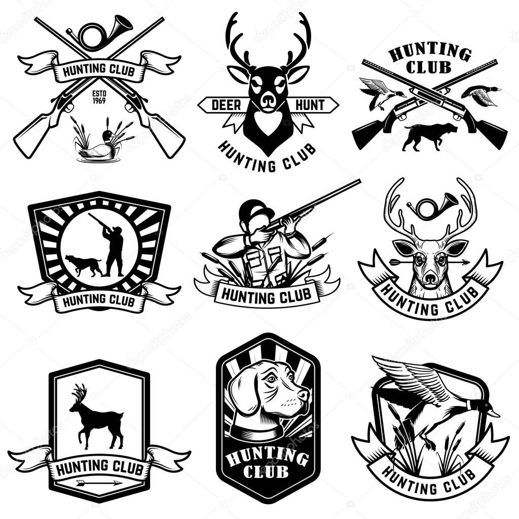 Set of hunting emblems. Hunting weapon, animals and design elements. Vector image