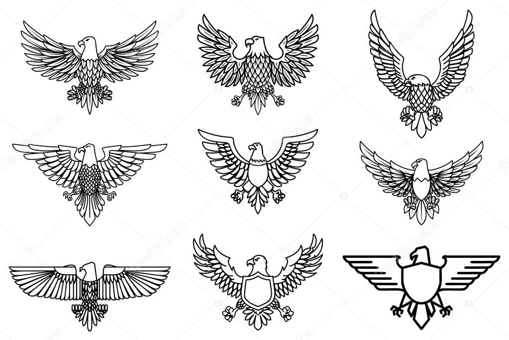 Set of eagle icons isolated on white. Design element for logo, label, emblem, sign. Vector illustration