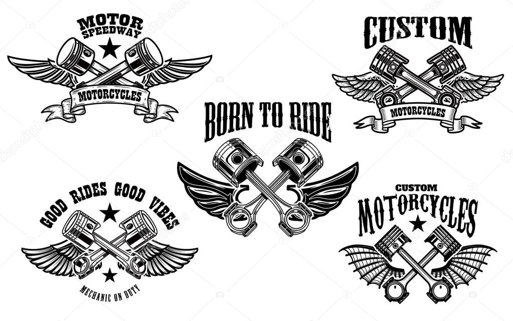 Set of winged motorcycle and car pistons. Design element for logo, label, emblem, sign. Vector illustration