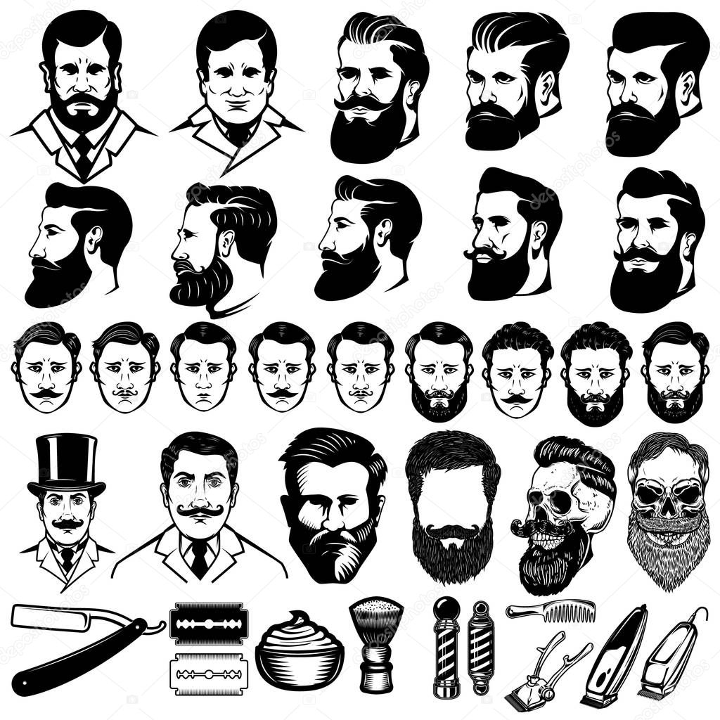 Set of vintage barber monochrome icons, men hairstyles and design elements isolated on white background. For logo, label, emblem, sign. Vector illustration