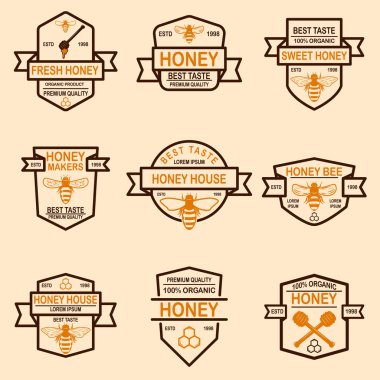 Tatlım etiketleri şablon kümesi. Bee Icons. Tasarım öğesi logosu, etiket, arma, işaret, poster için. Vektör çizim