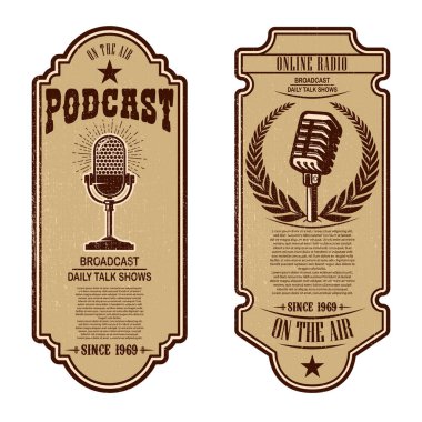 Vintage podcast, radyo el ilanları mikrofon ile kümesi. Tasarım öğesi logosu, etiket, işaret, rozet, poster için. Vektör çizim