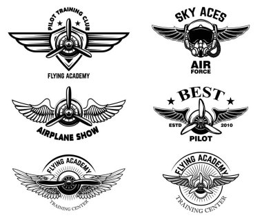 Vintage uçak Amblemler göster. Tasarım logo, etiket, işareti, menü öğeleri. Vektör çizim