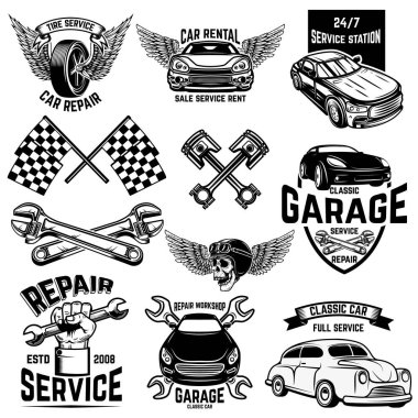 Araba servis istasyonu amblem ve tasarım öğeleri kümesi. Logo, etiket, işaret, afiş, t gömlek, poster için. Vektör çizim