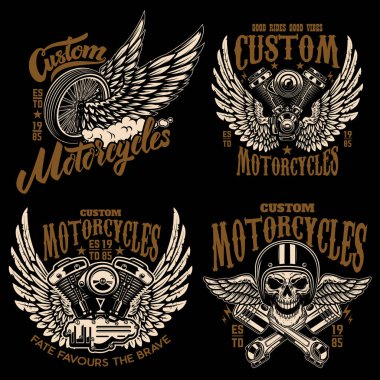 Motosiklet motorlu, wheels racer amblemi şablonları kümesi. kanatlar. Tasarım öğesi için logo, etiket, arma, işaret, poster, t gömlek. Vektör çizim