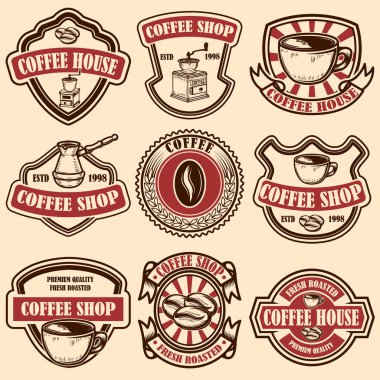 Vintage kahve dükkanı Amblemler kümesi. Tasarım öğeleri için logo, etiket, işaret, rozet. Vektör çizim