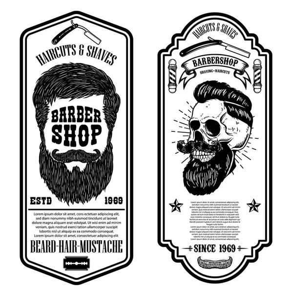 Barber shop flyer template. Barber\'s skull and tools on grunge background. Design element for emblem, sign, poster, card, banner. Vector illustration