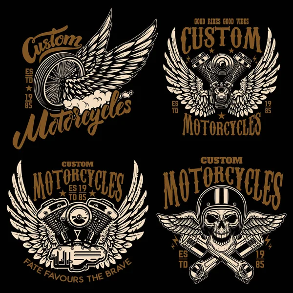 Set of racer emblem templates with motorcycle motor, wheels. wings. Design element for logo, label, emblem, sign, poster, t shirt. Vector illustration