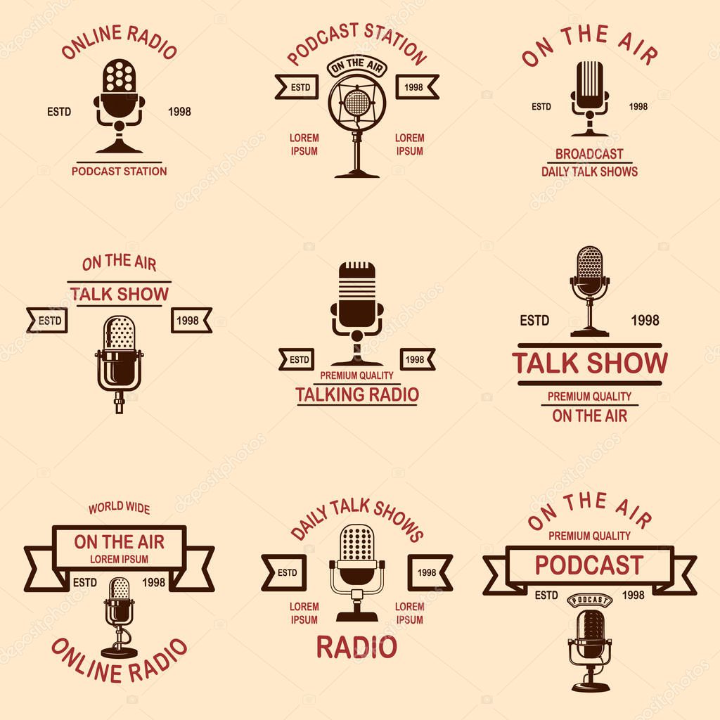 Set of podcast, radio emblems with microphone. Design element for logo, label, sign, badge, poster. Vector illustration
