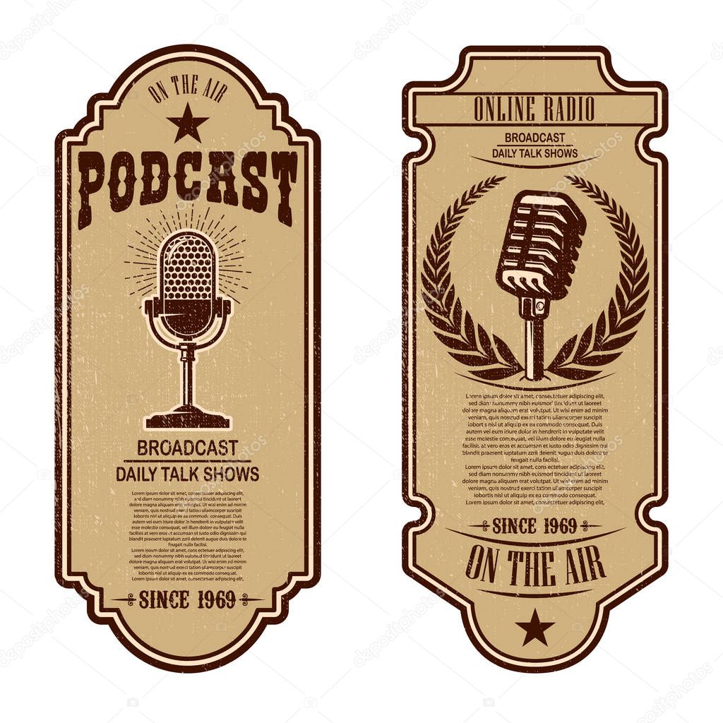 Set of vintage podcast, radio flyers with microphone. Design element for logo, label, sign, badge, poster. Vector illustration