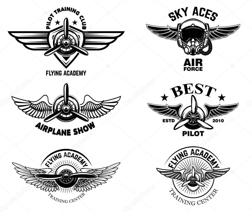 Set of vintage airplane show emblems. Design elements for logo, label, sign, menu. Vector illustration