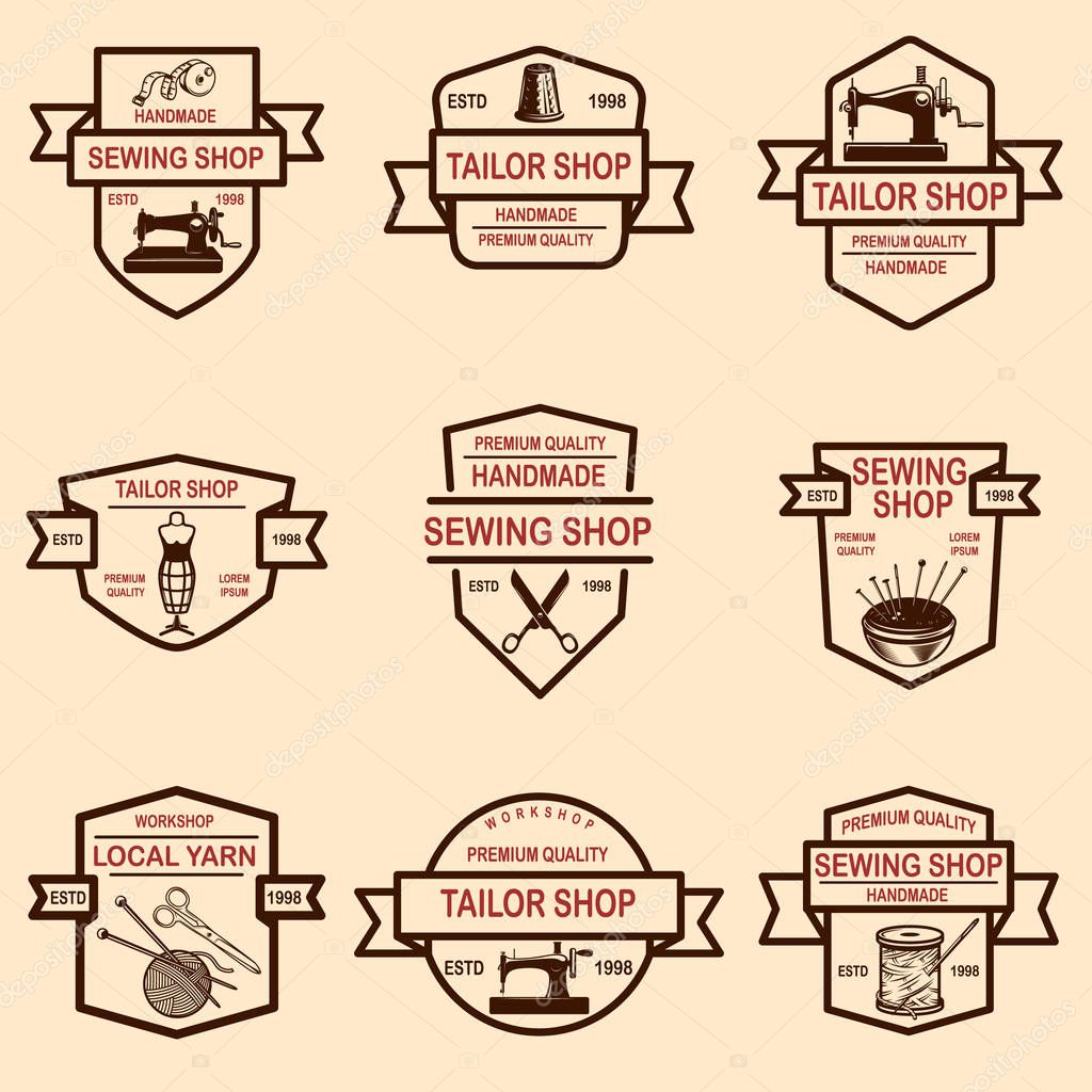 Set of tailor shop emblems. Design elements for logo, label, sign, badge. Vector illustration