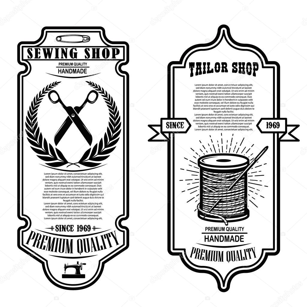 Sewing shop flyer template. sew, tailor tools. Design element for emblem, sign, poster, card, banner. Vector illustration