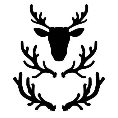 Geyik boynuzları seti. Logo, etiket, amblem, işaret, rozet için tasarım öğesi. Vektör çizimi