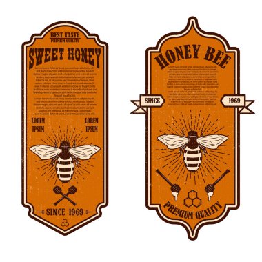 Vintage doğal bal el ilanı şablonları. Tasarım öğeleri için logo, etiket, işaret, rozet. Vektör çizim