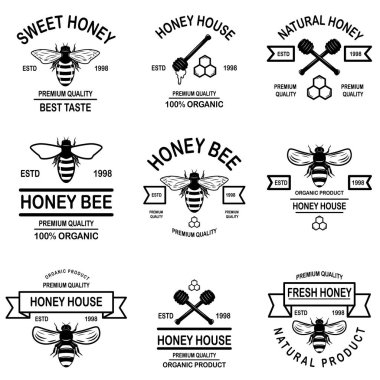 Tatlım etiketleri şablon kümesi. Bee Icons. Tasarım öğesi logosu, etiket, arma, işaret, poster için. Vektör çizim