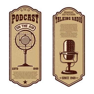 Vintage podcast, radyo el ilanları mikrofon ile kümesi. Tasarım öğesi logosu, etiket, işaret, rozet, poster için. Vektör çizim