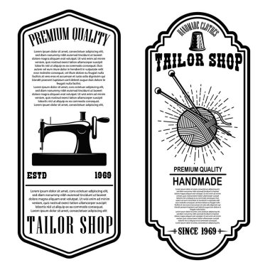 Vintage terzi Dükkanı el ilanı şablonları. dikmek, Araçlar terzi. Tasarım öğeleri için logo, etiket, işaret, rozet. Vektör çizim