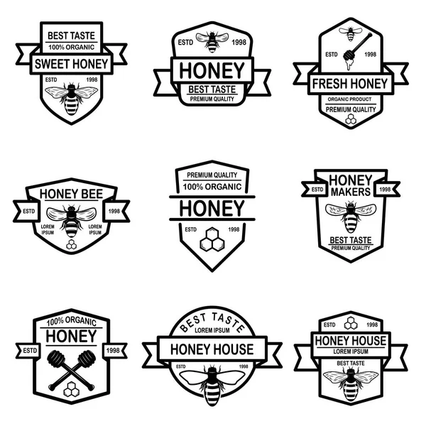 Conjunto Etiquetas Miel Plantilla Iconos Abejas Elemento Diseño Para Logotipo — Vector de stock