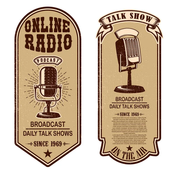 Conjunto Podcast Vintage Folhetos Rádio Com Microfone Elemento Design Para — Vetor de Stock