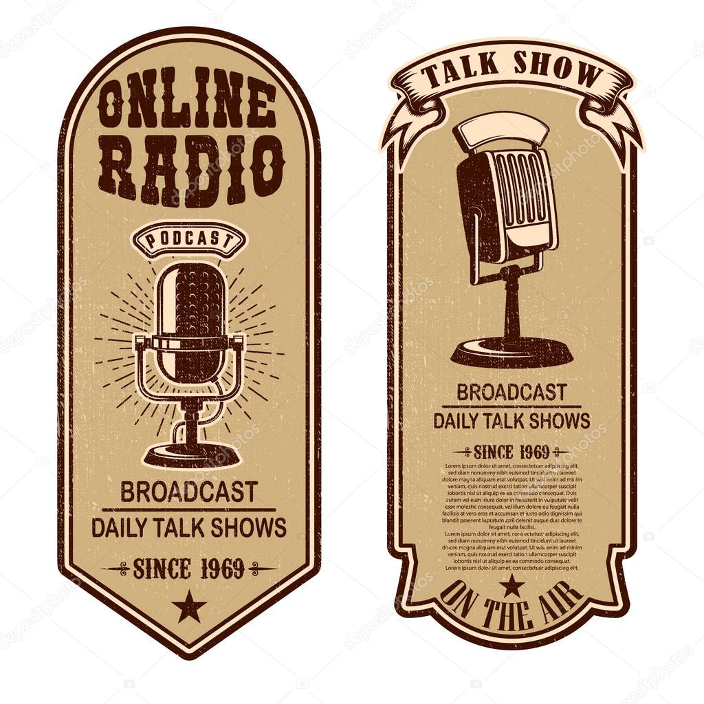 Set of vintage podcast, radio flyers with microphone. Design element for logo, label, sign, badge, poster. Vector illustration