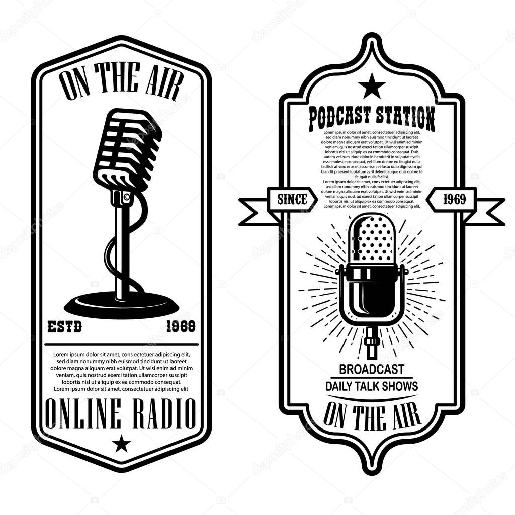 Set of vintage podcast, radio flyers with microphone. Design element for logo, label, sign, badge, poster. Vector illustration