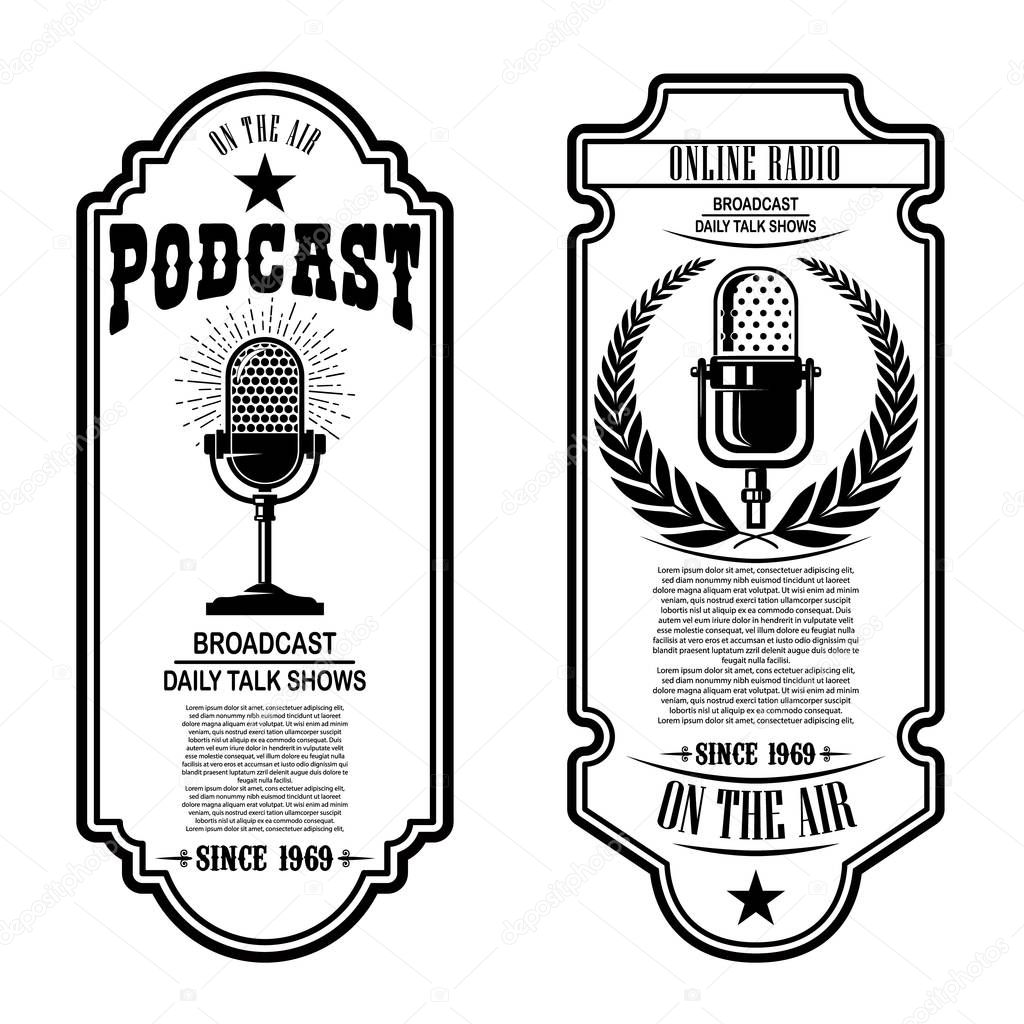 Set of vintage podcast, radio flyers with microphone. Design element for logo, label, sign, badge, poster. Vector illustration