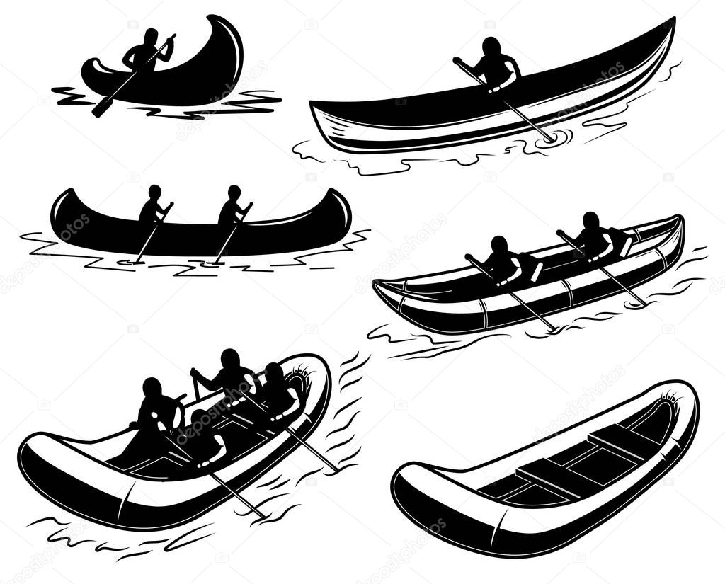 Set of canoe, boat, raft illustration. Design element for poster, emblem, sign, poster, t shirt. Vector illustration