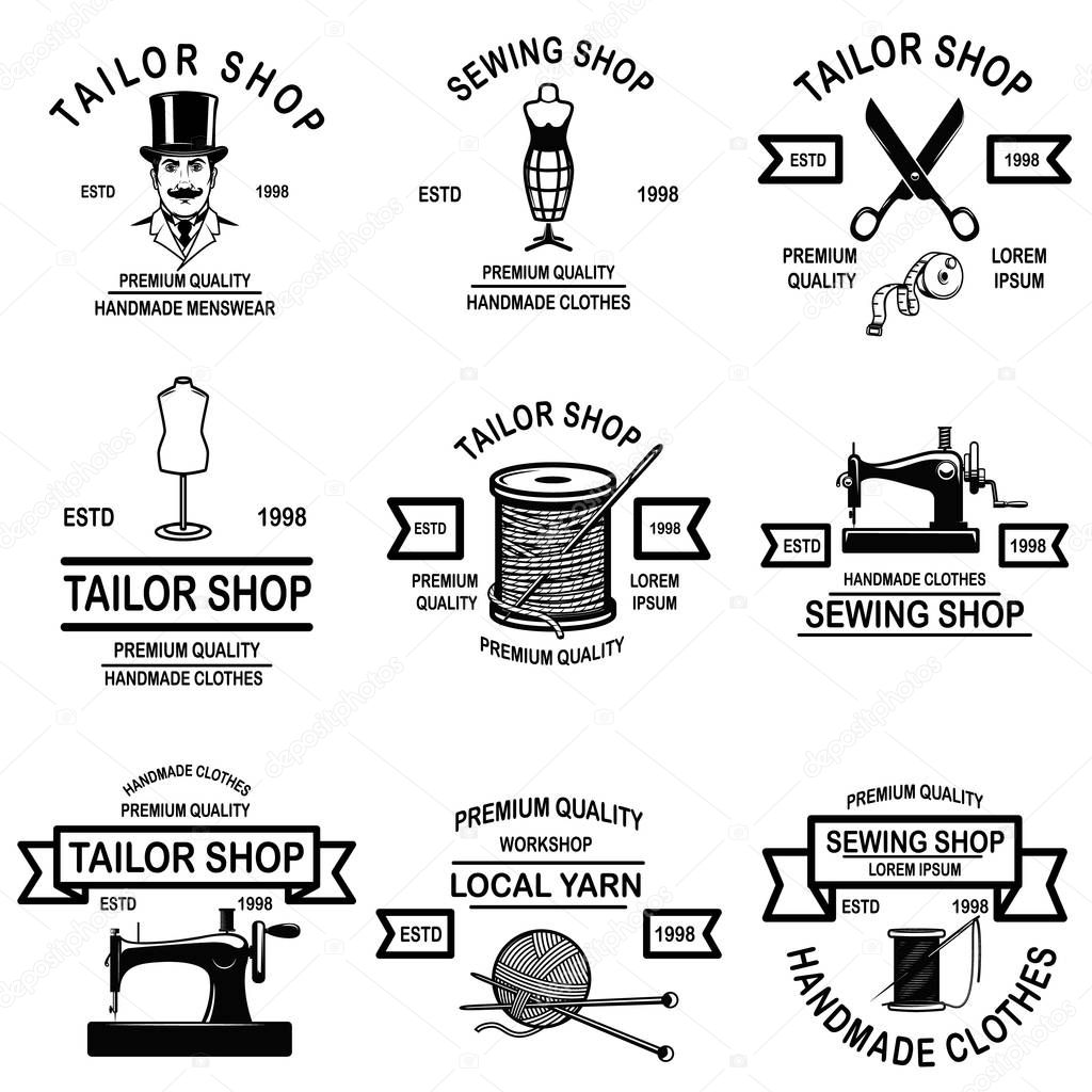 Set of tailor shop emblems. Design elements for logo, label, sign, badge. Vector illustration