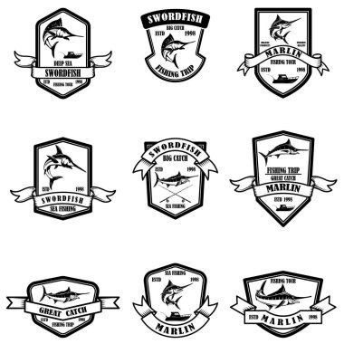 Set of deep sea marlin fishing emblems. Design element for logo, label, emblem, sign. Vector illustration clipart