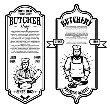 Vintage kasaplık ve et mağaza el ilanları kümesi. Tasarım öğesi logosu, etiket, işaret, rozet, poster için. Vektör çizim