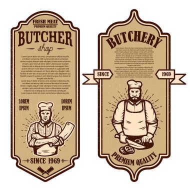 Vintage kasaplık ve et mağaza el ilanları kümesi. Tasarım öğesi logosu, etiket, işaret, rozet, poster için. Vektör çizim