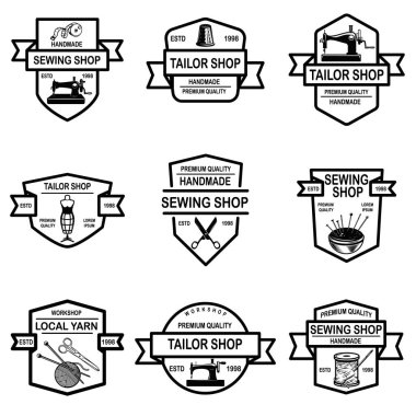 Terzi Dükkanı Amblemler kümesi. Tasarım öğeleri için logo, etiket, işaret, rozet. Vektör çizim
