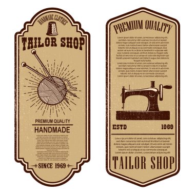 Vintage terzi Dükkanı el ilanı şablonları. dikmek, Araçlar terzi. Tasarım öğeleri için logo, etiket, işaret, rozet. Vektör çizim
