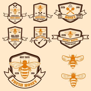 Vintage tatlım etiketleri şablon kümesi. Bee Icons. Tasarım öğesi logosu, etiket, arma, işaret, poster için. Vektör çizim