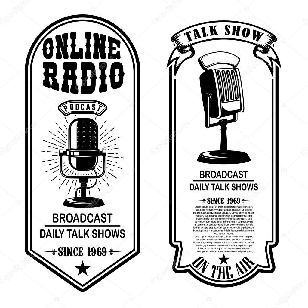 Set of vintage podcast, radio flyers with microphone. Design element for logo, label, sign, badge, poster. Vector illustration