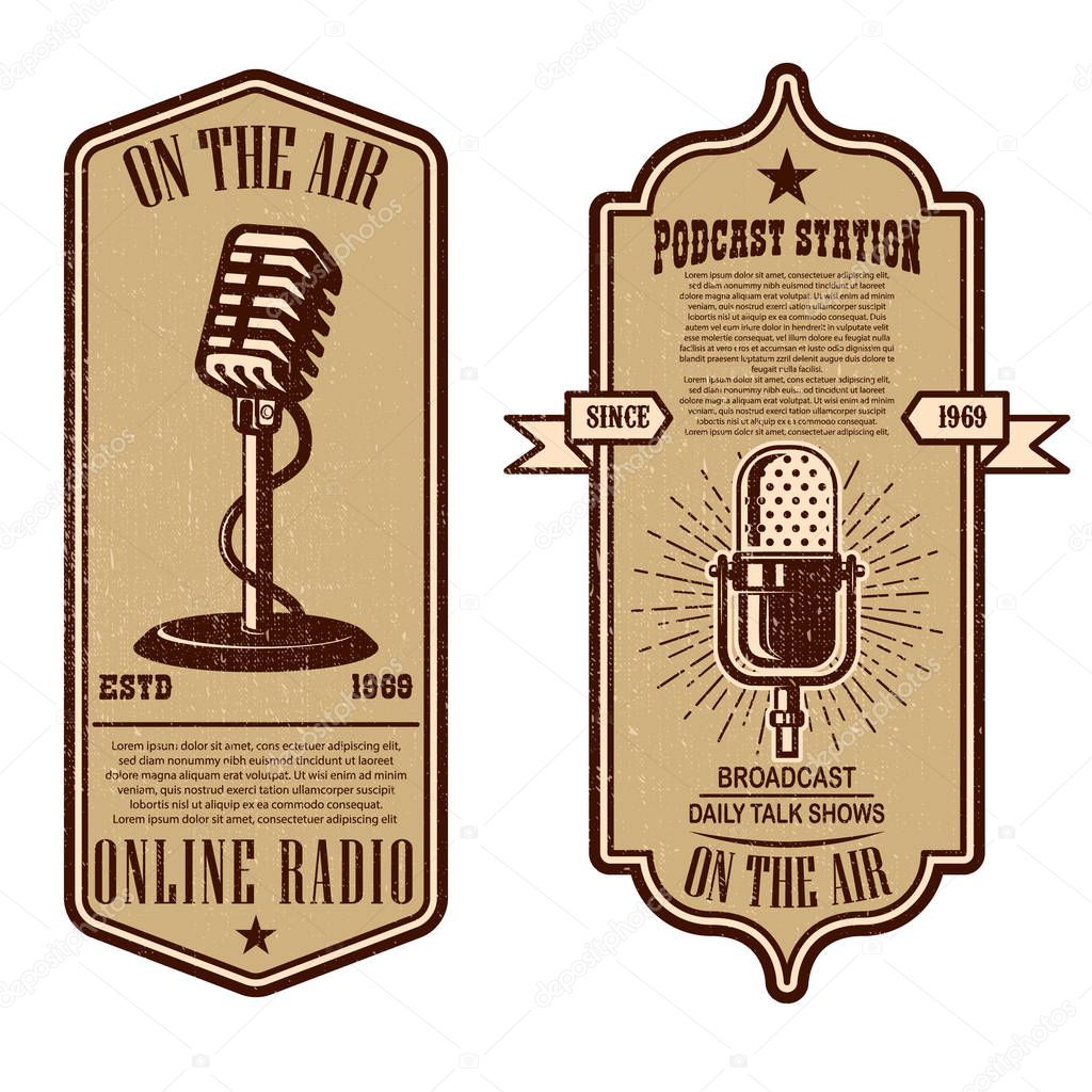 Set of vintage podcast, radio flyers with microphone. Design element for logo, label, sign, badge, poster. Vector illustration