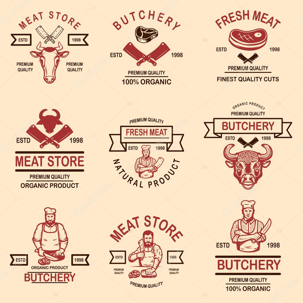 Set of meat store, butchery emblems. Design element for logo, label, sign, poster, banner. Vector illustration