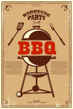 Barbekü partisi poster. Mangal ve ızgara. Tasarım öğesi kartı, afiş, el ilanı için. Vektör çizim