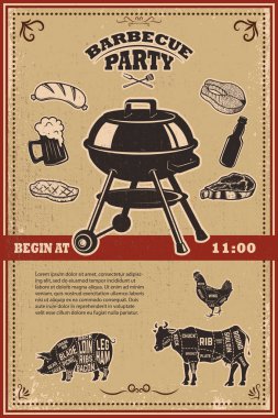 Vintage Barbekü parti poster şablonu. Izgara biftek, et, bira şişesi ve kupa. İnek, domuz, tavuk kasap diyagramı. Vektör çizim