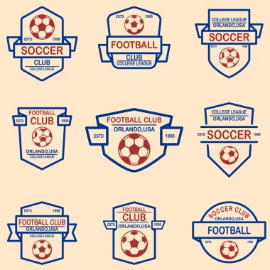 Futbol, futbol Amblemler kümesi. Tasarım öğesi logosu, etiket, işaret, poster, t gömlek için. Vektör çizim