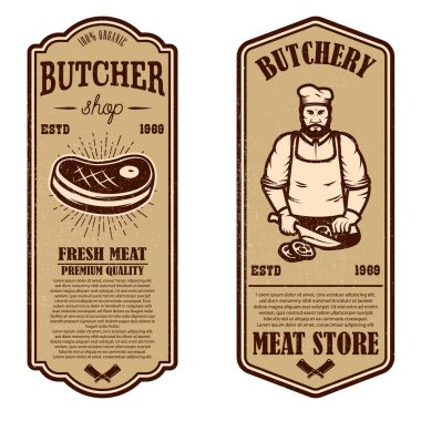 Vintage kasaplık ve et mağaza el ilanları kümesi. Tasarım öğesi logosu, etiket, işaret, rozet, poster için. Vektör çizim