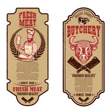 Vintage kasaplık ve et mağaza el ilanları kümesi. Tasarım öğesi logosu, etiket, işaret, rozet, poster için. Vektör çizim