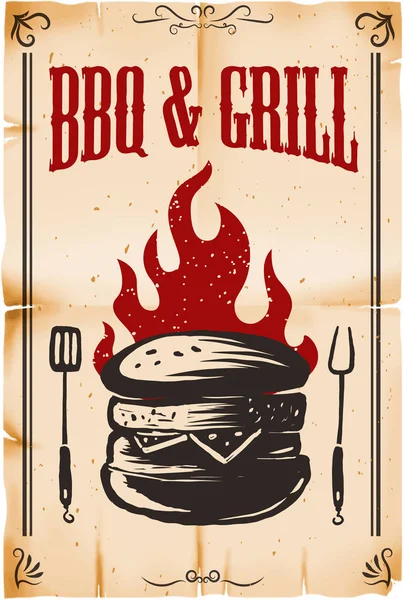 Bbq Grill Affisch Mall Med Burger Illustration Grunge Bakgrund Designelement — Stock vektor