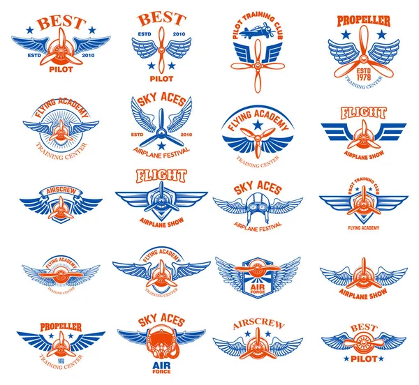Vintage Uçak Amblemler Kümesi Tasarım Logo Etiket Işareti Menü Öğeleri — Stok Vektör