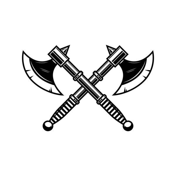 Crossed medieval axe. Design element for label, badge, sign. Vector illustration