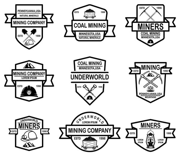 Set of coal mining company emblem templates. Design element for logo, label, emblem, sign, badge. Vector illustration