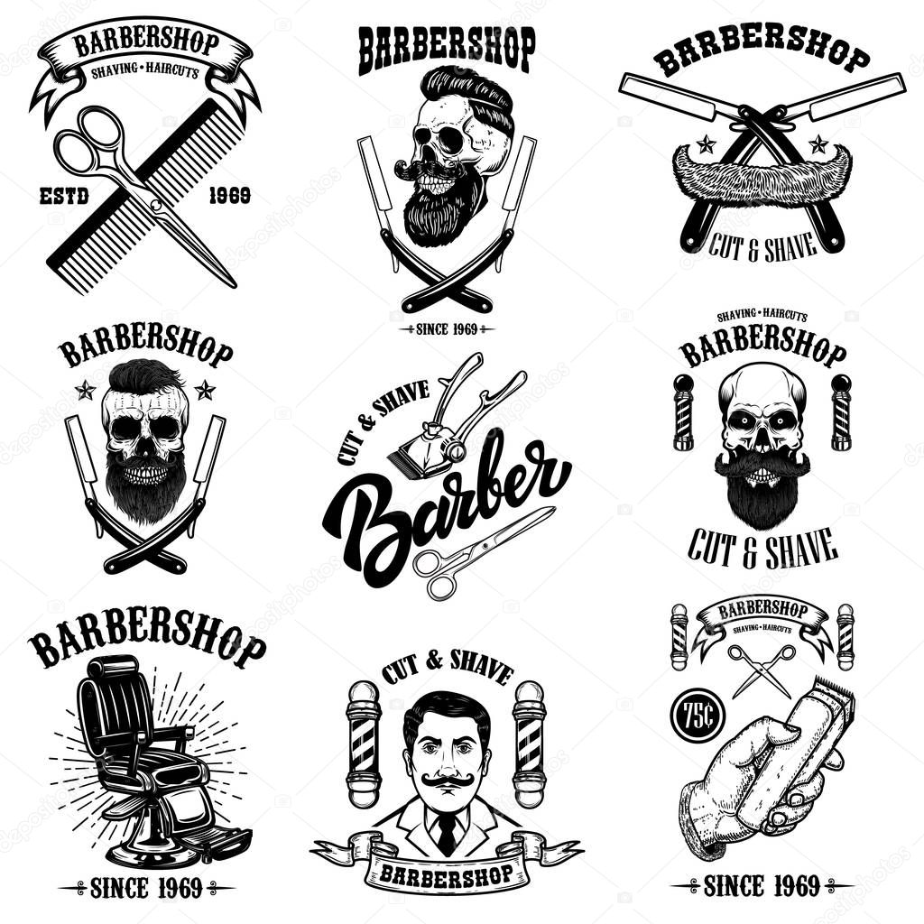 Set of vintage barber shop emblems, badges and design elements.  for logo, label, sign. Vector illustration