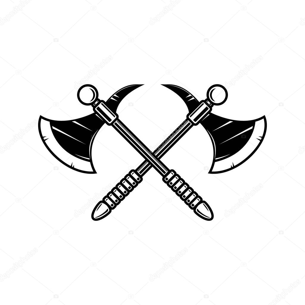 Crossed medieval axe. Design element for label, badge, sign. Vector illustration
