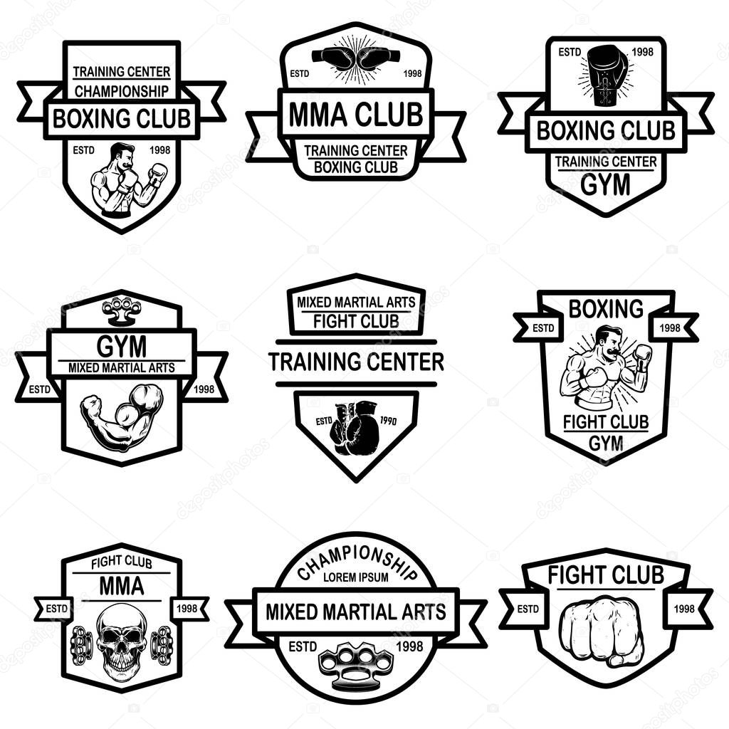 Set of mma and boxing club emblems. Design element for logo, label, sign, poster, t shirt. Vector illustration